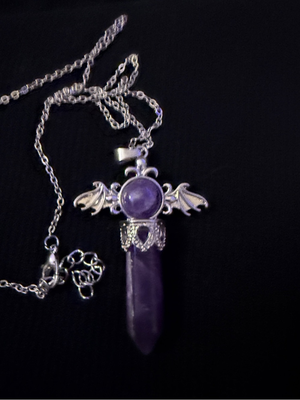Purple Amethyst Crystal Necklace with Wings Pendant Necklace - Silver Tone